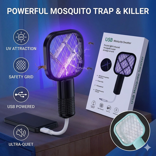 2-in-1 Rechargeable Mosquito Swatter & Killer Lamp | USB Electric Fly Zapper with UV LED Light | Portable Bug Bat for Home, Bedroom & Outdoor