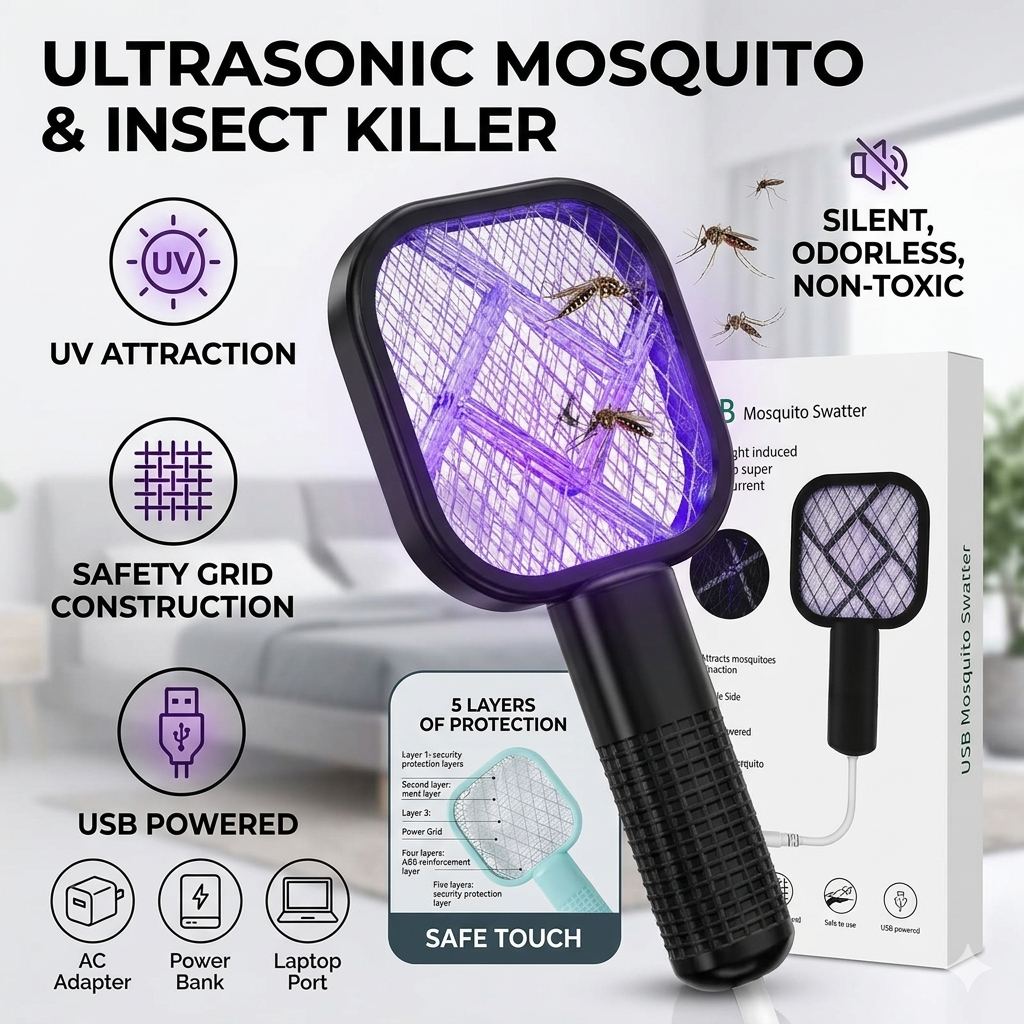 2-in-1 Rechargeable Mosquito Swatter & Killer Lamp | USB Electric Fly Zapper with UV LED Light | Portable Bug Bat for Home, Bedroom & Outdoor